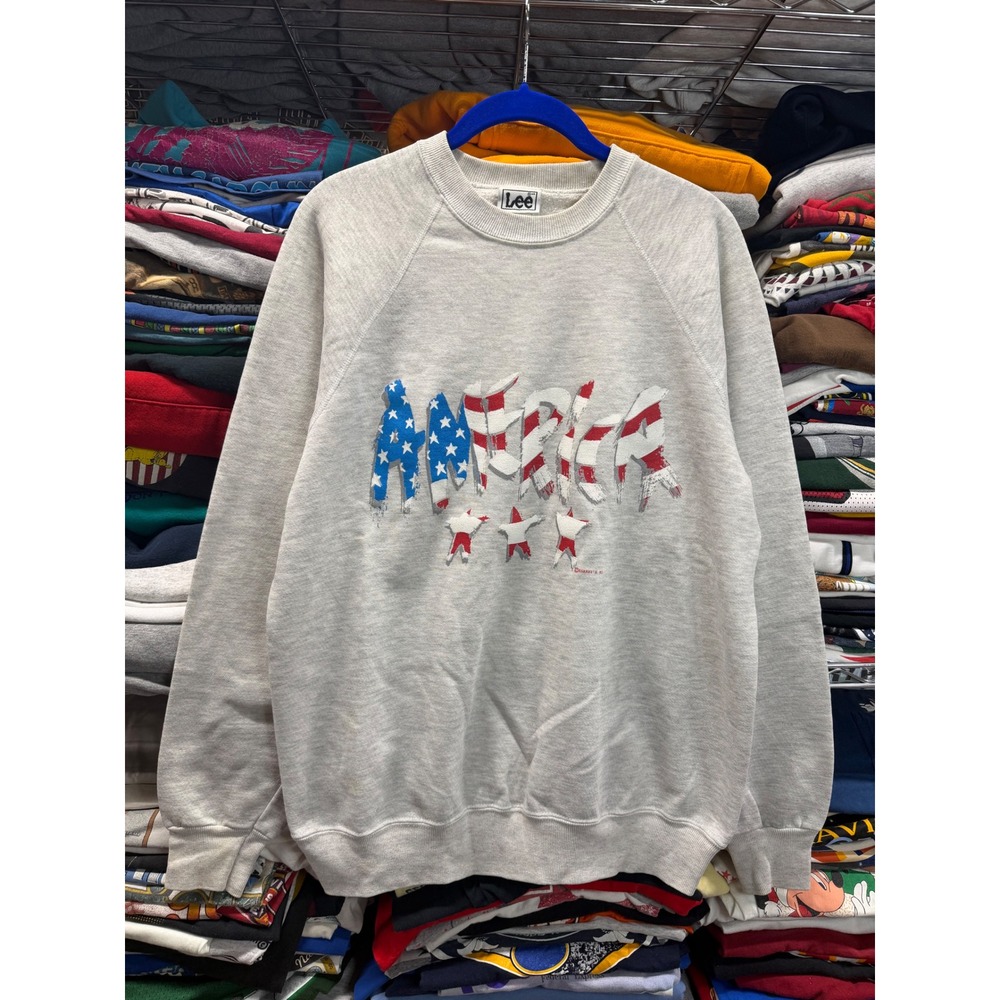 Vintage Lee America Sweatshirt Mens XL Gray Raglan Stars Stripes Sharkys 90s
